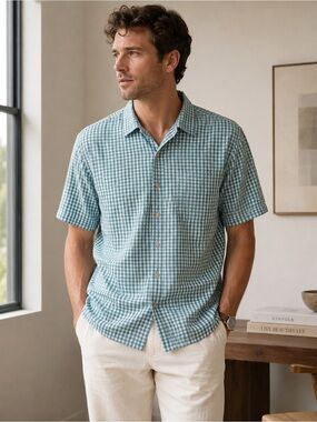 Zegna Sport Men’s Teal and White Checked Short Sleeve Button-Down Shirt